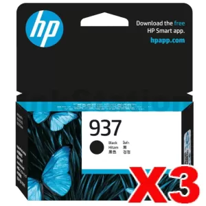 3 x HP 937 Genuine Black Ink Cartridge 4S6W5NA - 1,250 Pages