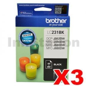 3 x Genuine Brother LC-231 Black Ink Cartridge - 260 Pages