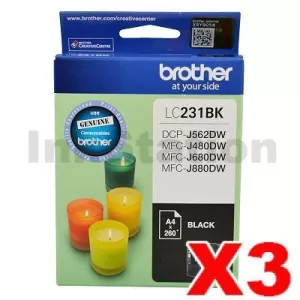 3 x Genuine Brother LC-231 Black Ink Cartridge - 260 Pages
