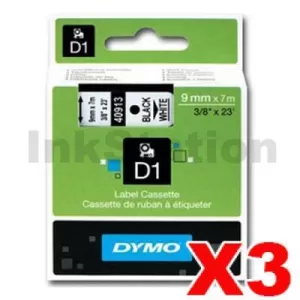 3 x Dymo SD40913 / S0720680 Genuine 9mm Black Text on White Label Cassette - 7 meters
