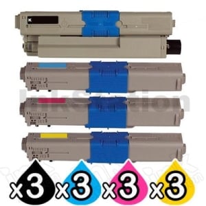3 Sets of 4 Pack OKI C532DN / MC573DN Compatible Toner Combo (46490612-46490609) [3BK,3C,3M,3Y]