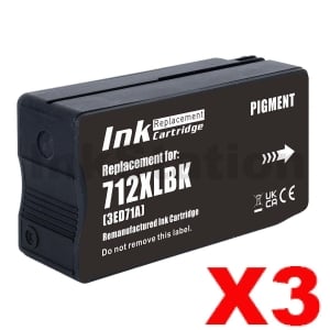 3 x HP 712B Compatible Black Ink Cartridge 3ED29A 80ml