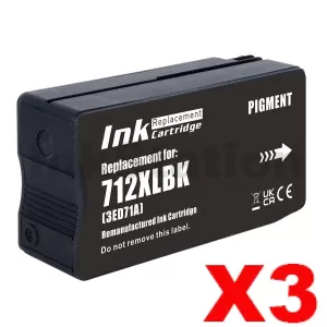 3 x HP 712B Compatible Black Ink Cartridge 3ED29A 80ml
