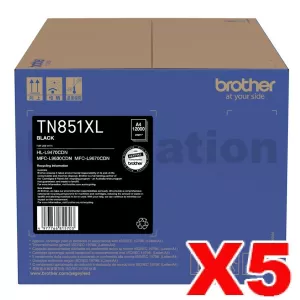 5 x Genuine Brother TN-851XLBK Black High Yield Toner Cartridge - 12,000 pages