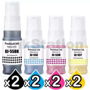 8-Pack Compatible Canon GI-55 Ink Bottle Combo [2BK,2C,2M,2Y]