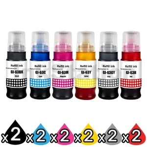 12-Pack Compatible Canon GI63 Ink Bottle [2BK,2C,2M,2Y,2GY,2R]
