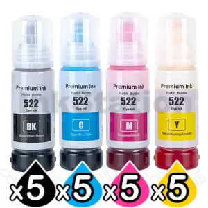 20-Pack Compatible for Epson T522 EcoTank Ink Bottle [5BK+5C+5M+5Y]