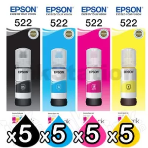 20-Pack Genuine Epson T522 EcoTank Ink Bottle [5BK+5C+5M+5Y]