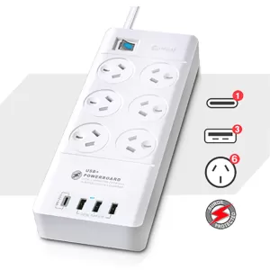 Sansai USB-C & USB-A  6-Outlet Surge Protected Powerboard (PAD-8066)