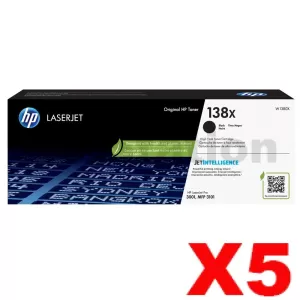 5 x HP 138X W1380X Genuine Black High Yield Toner Cartridges - 4,000 Pages