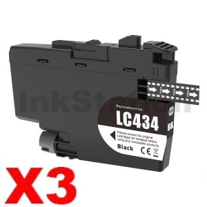 3 x Compatible Brother LC-434BK Black Ink Cartridge - 750 pages